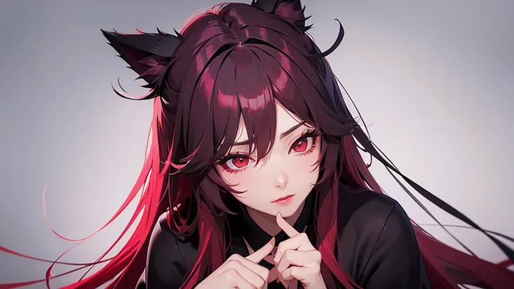 Black simple background。 A lustful virgin sits drunk and red faced。 Long pink hair and wolf ears。Red eyes。Heavy makeup。 Ninja costume with main color black and sub color red。 Side angle close-up of hips。 Draw hands in detail。