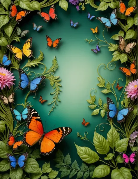 A high-resolution image of vibrant, colorful butterflies fluttering among an array of feathers, flowers, leaves, and vines. The butterflies showcase a spectrum of colors and intricate wing patterns, while the feathers add texture with their delicate plumes...