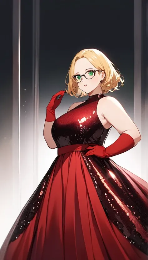 chubby girl, blonde, green eyes, medium length hair, open forehead, without bangs, glasses with black square frames
red dress, long dress, elegant dress, sequined dress, gloves, red gloves