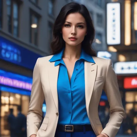 female banker in an elegant suit with colorful blue shirt and matching blue pants of elegant fabric.
short shoulder-length strai...