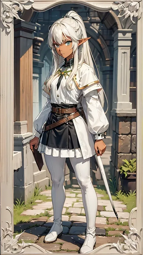 ((Only one person)), ((Standing)). An dark skinned elf teenager girl with dark skin and a flat body. She has medium lenght straight light gray hair, in a twintail hairstyle like a double ponytail, as well as curtain bangs. She has big golden colored eyes, ...