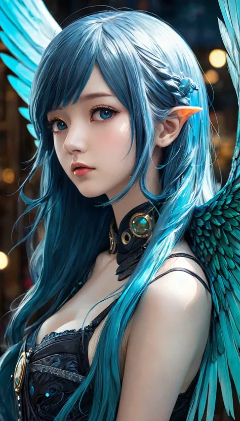 houjuu nue, asymmetrical wings, Wambu, Wambu_Draws, long blue hair, clockworld scene, oil painting, best quality, 4k, 8k, highres, masterpiece, ultra-detailed, realistic, photorealistic, photo-realistic, HDR, UHD, studio lighting, ultra-fine painting, shar...