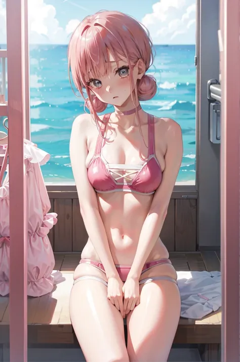 pink hair、under both ears２three-bun hairstyle、swimwear、blushing、pink bikini、random erotic poses、locker room、spread your legs、gla...