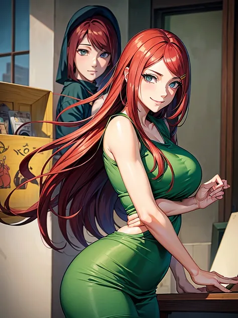 uzumaki_kushina,massive large_breasts, large thighs,large_ass, solo, green shirt,shirt up,tight dress, short skirts, masterpiece, best quality, detailed face, detailed eyes, highres, (masterpiece:1.4, best quality:1.2), (Highres), (Detailed Illustration), ...