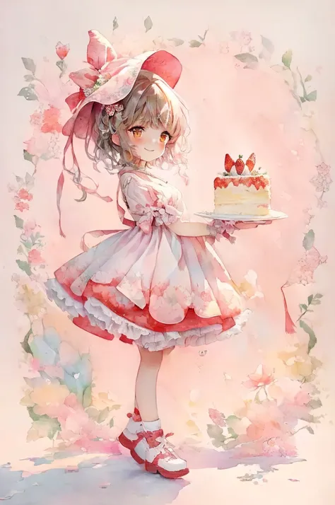 (Highest quality)(Masterpiece), A smiling woman holding a cake topped with strawberries, Anime in a dress, ピクシブアートステーション Gwaiz, Splash art anime, Cute art style, Art Station Pixiv , Full body portrait in shorts!, Soft anime illustration, Art Station Pixivで...