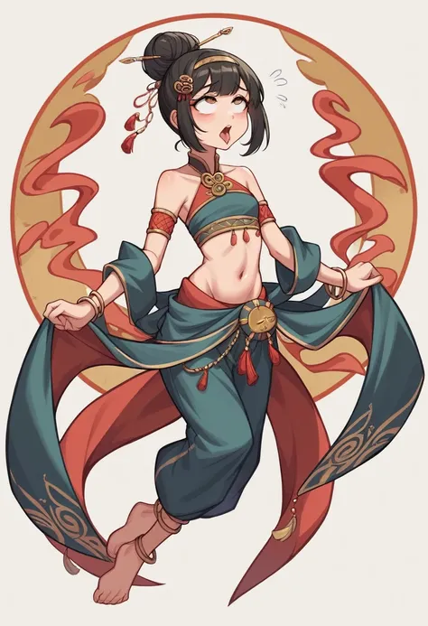 
An ancient Chinese beauty，Dance，The ornate costumes are embroidered with intricate embroidery，A long transparent colored streamer is tied around the arm，flowy，Open navel，cropped shoulders，Bare neck，Yingluo，Black coiled hair bun hairpin hairband，The armban...