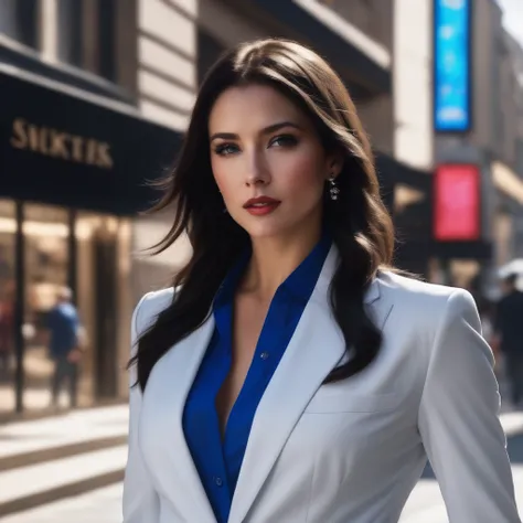 woman banker in an elegant suit with colorful blue shirt and elegant blue cloth pants.
black shoulder-length sleek black hair th...