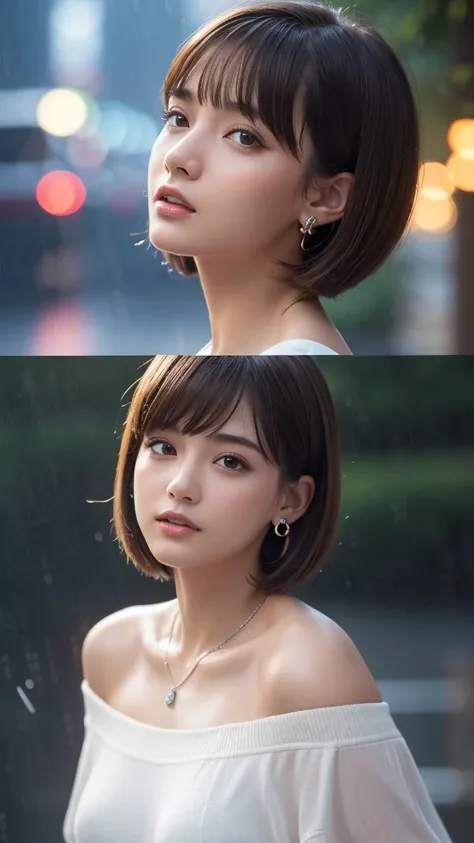 “A beautiful 20-year-old woman with a bob-cut short hairstyle and brown hair, looking up at the rainy sky with raindrops wetting her face. She has brown eyes, is wearing an off-shoulder white shirt, and has small silver earrings on her earlobes. She is als...