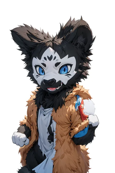 Black hair, Dark Skin, White Mask ,furry,make a fist, Pink tongue, Black nose, Black broken corner, fur garment, fur garment!!!!, hairy character, Full body mascot, hyena, SFW, macro hairy, hairy fursona, hairy, the hairy fur garment is running, Anthropomo...