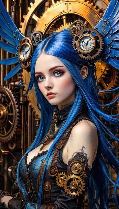 realistic highly detailed oil painting, 1girl, asymmetrical wings, long blue hair, houjuu nue, Wambu, Wambu_Draws, detailed clockwork background, intricate gears, steampunk, dramatic lighting, cinematic, moody atmosphere, vivid colors, masterpiece, (best q...