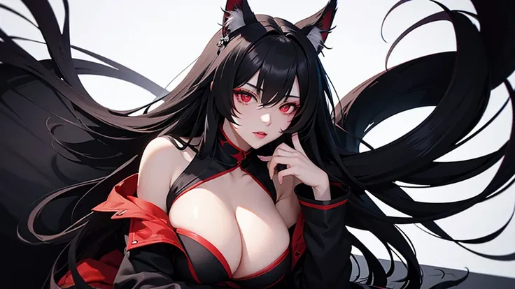 black simple background。 Long white hair and wolf ears。Drunk and horny virgin sitting。 Red eyes。Heavy makeup。 Ninja costume with main color black and sub color red。 Side angle close-up of cleavage。 Draw hands in detail。