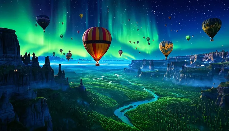 Steampunk-themed hot air balloons flying through the aurora sky with stunning landscape views, star-filled nights, photo-realistic, vibrant color, high level of detail, masterpiece composition, perfect object, landscape photography style