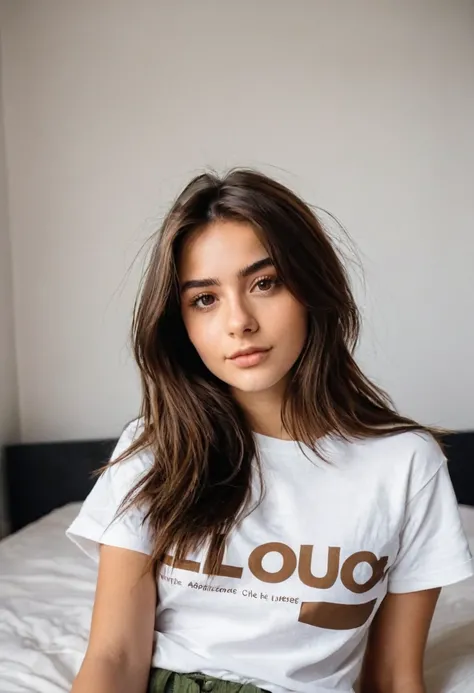 Une photo selfie dune jeune fille de 18 ans mignonne. Elle a les cheveux long brune. Elle est allonger dans son lit. Elle est habiller en t-shirt blanc et pantalon cargo marron. cinematic, realistic