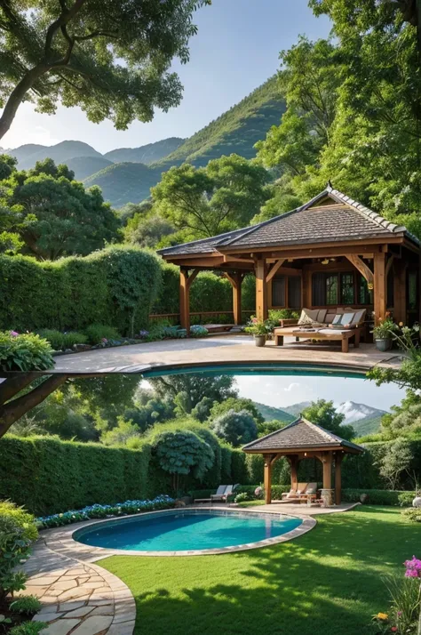 Imagine a serene residential house nestled in a picturesque valley. The house is surrounded by a lush, vibrant garden teeming with colorful flowers and verdant foliage. Beyond the garden, a sprawling backyard extends, featuring a charming gazebo at its cen...