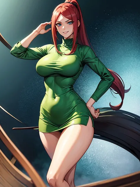 uzumaki_kushina,massive large_breasts, large thighs,large_ass, solo, green shirt,shirt up,navel, ponytail,tight dress, short skirts, masterpiece, best quality, detailed face, detailed eyes, highres, (masterpiece:1.4, best quality:1.2), (Highres), (Detailed...