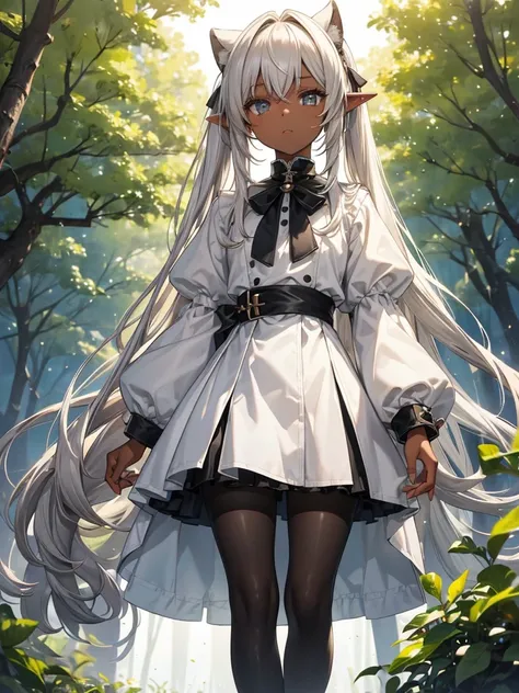 ((Only one person)), ((Standing)). An dark skinned elf teenager girl with dark skin and a flat body. She has medium lenght straight light gray hair, in a twintail hairstyle like a double ponytail, as well as curtain bangs. She has big golden colored eyes, ...