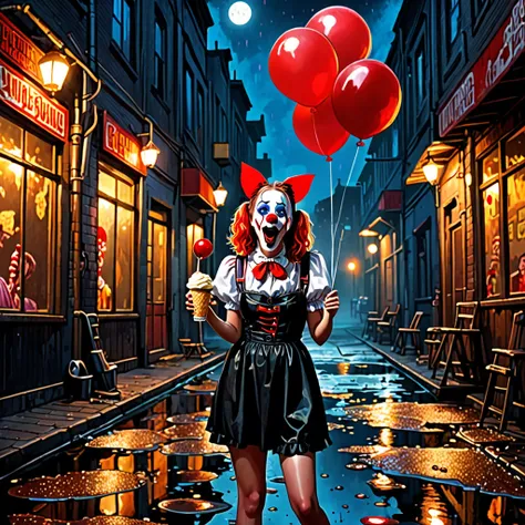 a girl passionately licks waffle ice cream, holds a balloon, an industrial zone, a dark night, the lanterns are dimly lit, a dirty man lies in red bloody puddles, a clown watchman stands with an air rifle, a horse, the police run away in panic, black humor...