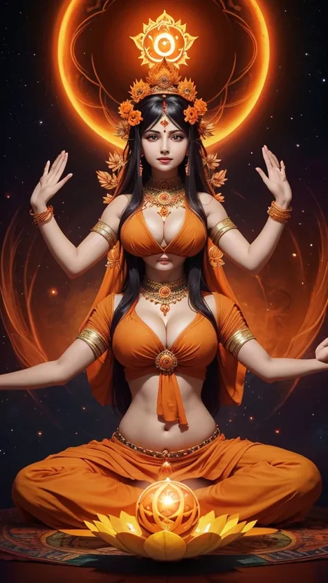 sacral chakra, spiritual sphere sacral chakra, lotus sacral chakra, busty hindu goddess with multiple arms, cleavage, sacral chakra, 2nd chakra orb