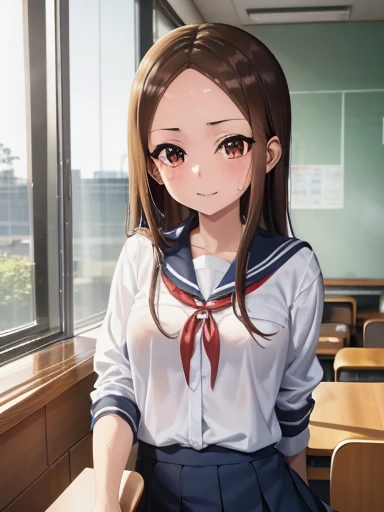 Takagi-san,takagi1,(Enchanting),(((masterpiece))),(Highest quality,8K),anime,(Adult girl in sailor suit),((School classroom)),Elbows on the desk,A fearless smile,Smiling with teeth showing,(mini skirt),Navy blue knee socks,The setting sun shines in,((Sweat...