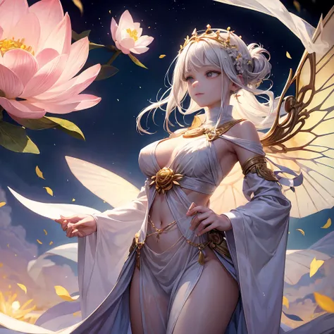 The Dancer is in a field of floating petals. These petals are crystal clear and iridescent, like the wings of enchanted butterflies. They dance around her, forming an ethereal veil.
Light is soft and diffuse, filtering through the petals and creating an et...