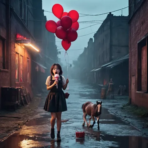 a girl passionately licks waffle ice cream, holds a balloon, an industrial zone, a dark night, the lanterns are dimly lit, a dirty man lies in red bloody puddles, a clown watchman stands with an air rifle, a horse, the police run away in panic, black humor...