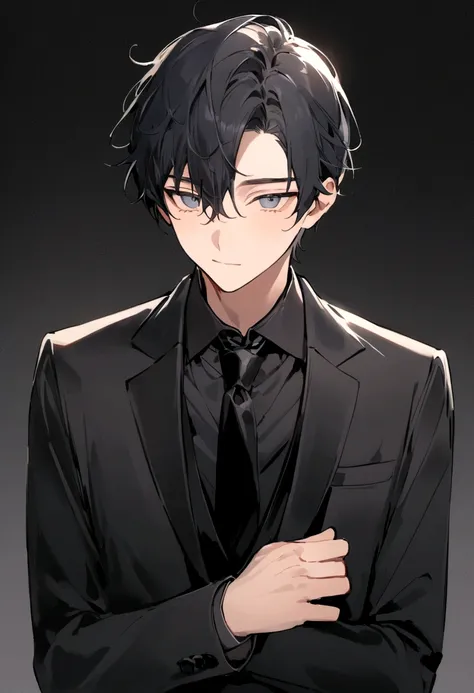 A man in his twenties wearing a black suit against a black tie background, Background Removal, Black Hair、Cute face、Gentle expression、Peace of mind