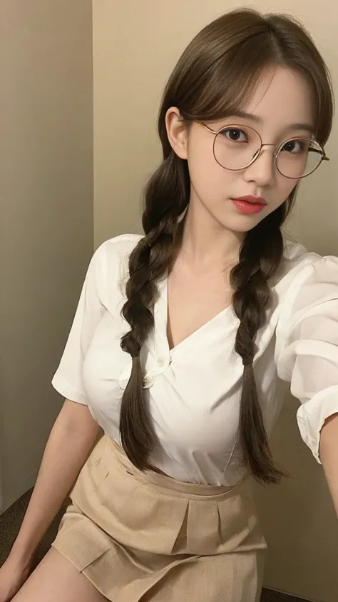 （Actually, the resolution is high.：1.3），A girl with a perfect body, slender face and eyes, long golden hair, white V-neck shirt.：1.2 short skirts in the house, big breasts, showing breasts, wearing glasses, bow tie, braids