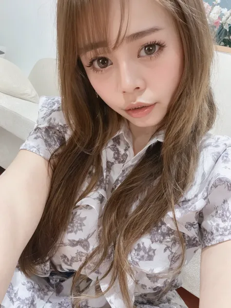 there is a woman that is sitting down with a cell phone, larissa manobal, Yoshitomo Nara, Belle Delphine, sakimichan, 8K selfie photo, ulzzangs, Chiho, Lalisa Manoban in blackpink, sakimichan, brown hair and bangs, ayami kojima amano