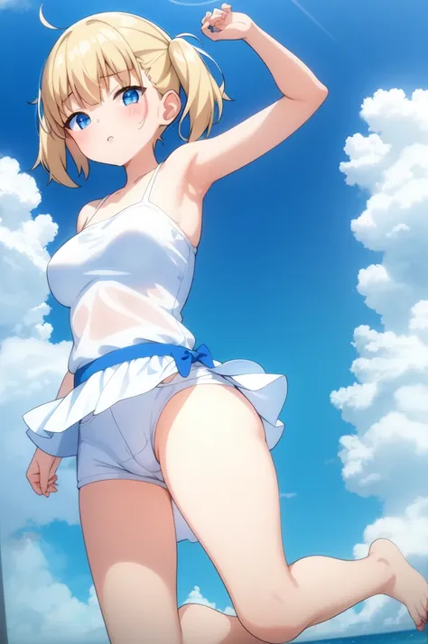 short bob girl、A light blue bra attached to a pure white dress shirt.、A light blue mini skirt with cute white shorts that are lifted above、barefoot、sandy beach, cumulonimbus clouds and blue sky、above、Sisters hug