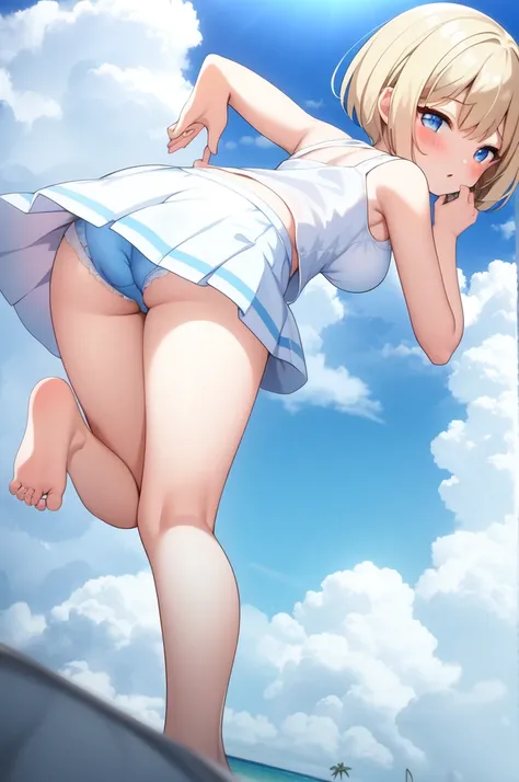 short bob girl、A light blue bra attached to a pure white dress shirt.、A light blue mini skirt with cute white shorts that are lifted above、barefoot、sandy beach, cumulonimbus clouds and blue sky、above、Sisters hug