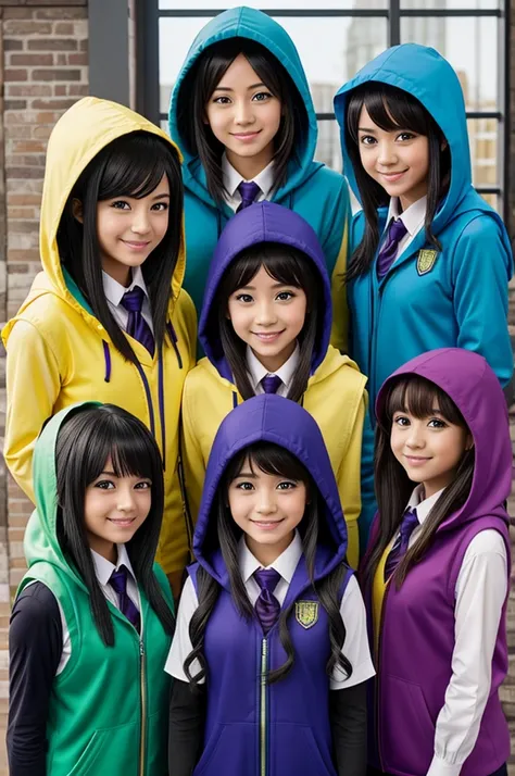 4 anime girls wearing 4 colored magic school school uniforms. Person 1 is wearing a blue hooded vest. The second person was wearing a yellow hooded vest. The third person was wearing a green hooded vest. The fourth person was wearing a purple hooded vest.