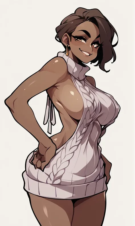 score_9, score_8_up, score_7_up, score_6_up, 1girl. big breasts, brown skin, facing viewer, smirk, virgin killer sweater, side boob, white background, earring, shy, hands on hips, exposed sides
