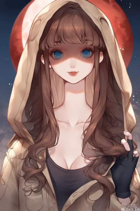 1 girl, CuteStyle, upper body, bottom view, blue eyes, brown hair, long hair with bangs, looking at the viewer, flowing hair, wearing a black T-shirt, fingerless black gloves, unbuttoned black raincoat without hood, standing on the roof outside, night, big...