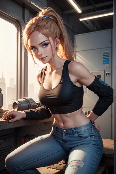 perfect anatomy, female engineer mechanic girl crouching down, dirty tank top, uniform, working on a robot, solo focus, blue eyes, strawberry blonde hair, ponytail, denim jeans, repairing machines, smiling, caring, looking upward, high angle, cyberpunk, fu...