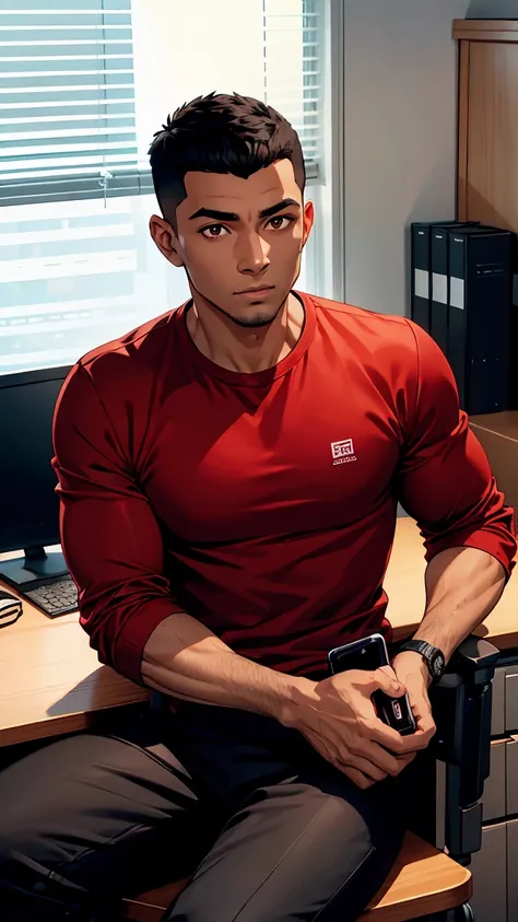 man1,(black skin),round face,brown eyes,black hair,hairless fade haircut,red shirt,pants,(Office room,Sitting behind a desk,He holds a phone in his hands),HD,highly detailed