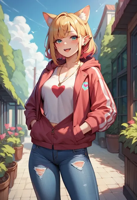 ((Best high quality:1.2)), (8k), extremely detailed, ((High detail:1.2)), 18 years old pretty perfect hot female, ((denim pants, hooded jacket with ears)),