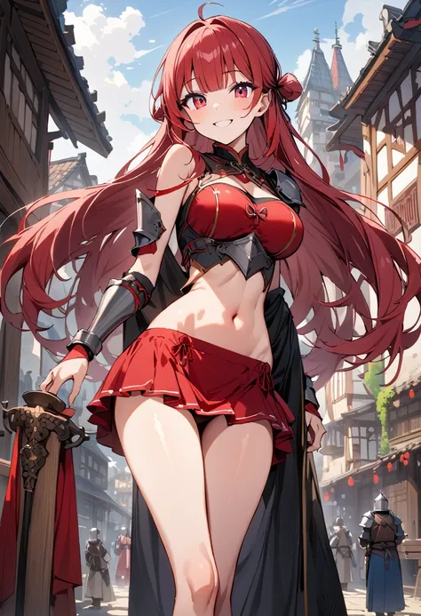 ((masterpiece,Highest quality:1.3)),cowboy shot,1woman,30 year old beauty,独奏,((very small head:1.2)),red hair,long hair,,pigtail,blunt bangs,red eyes,gorgeous eyes,smile,medium breasts,((very long body)),((toned body,slender body,skinny)),gleaming skin,shi...