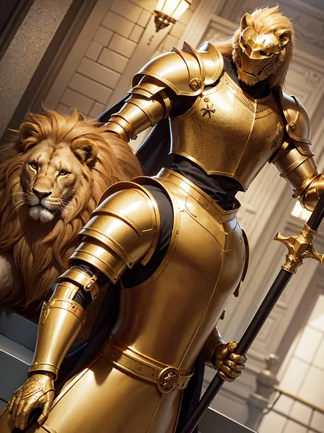 an knight with golden armor, lion helmet