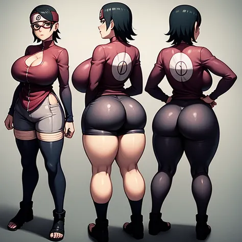 Sarada Uchiha, standing, back, tight shorts, huge and enormous ass, thick and round back cheeks, big breasts, short black hair, black eyes, forehead protector, bottom view, looking at the viewer, 