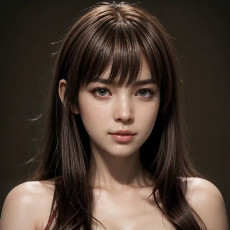 Kasumi, brown eyes, (best quality, ultra-detailed), (realistic:1.37), beautiful and detailed face, ultra-realistic texture, delicate face, delicate body, red lipstick, bright colors. High definition, 8K.