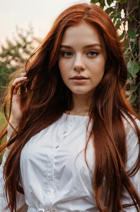 Beautiful, unusual girl, incredible appearance, long red hair, close up on the background of the evening nature