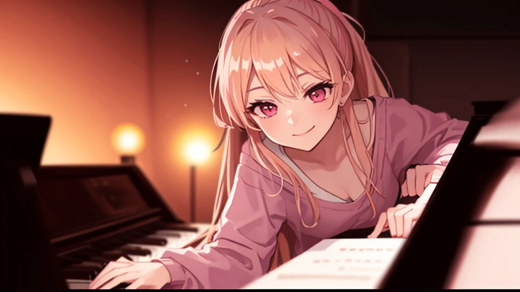 adult woman, pink eyes, ponytail, long blonde hair, playing piano, night, smile