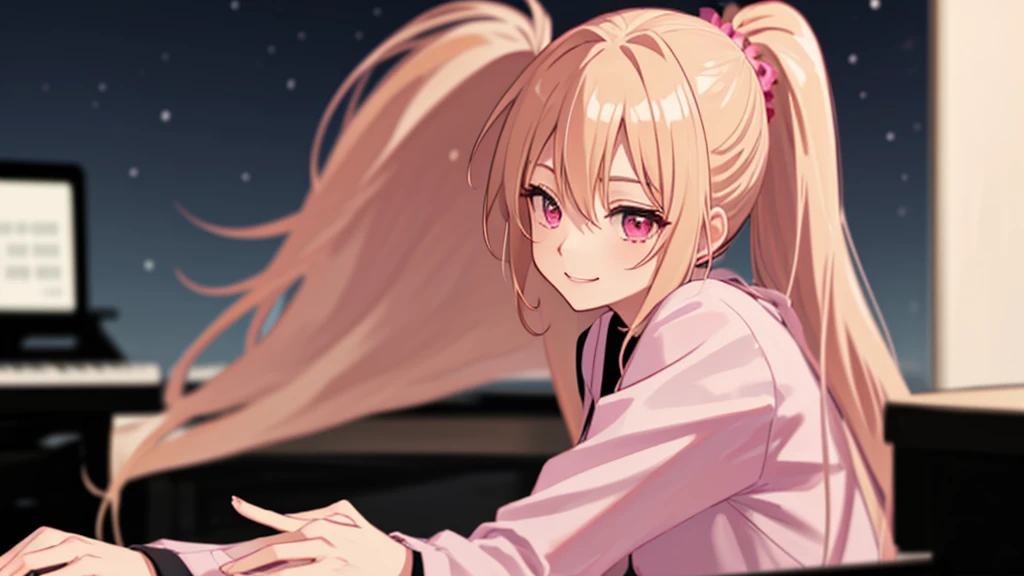 adult woman, pink eyes, ponytail, long blonde hair, playing piano, night, smile