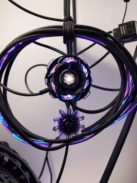 black flower made cables and wires and led, an attractive iridescent fractal