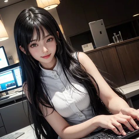 Black-haired woman in her 20s。Long hair with long bangs、Divided into left and right。She is looking at me with a smile while using her computer in a cafe.。