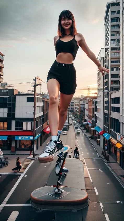 a woman standing on top of a skateboard on a city street, standing on rooftop, posing in an urban street, dancing on a pole, flo...