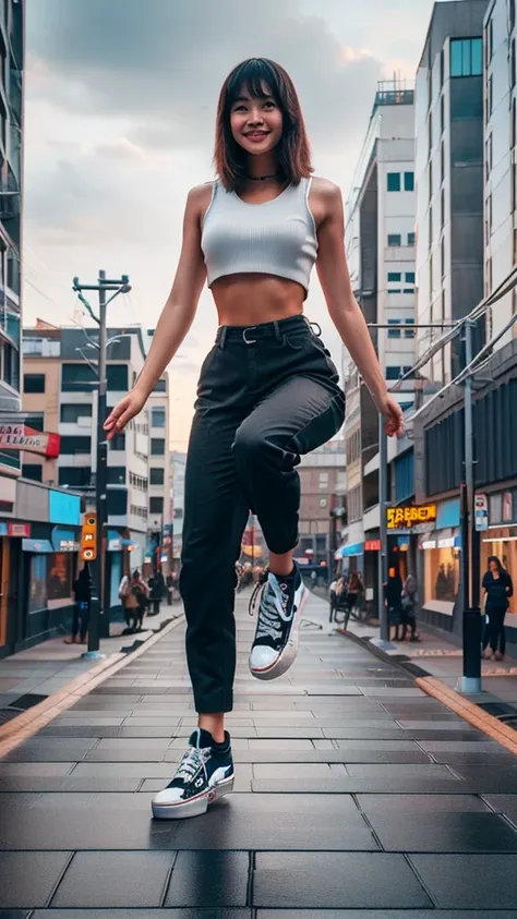 a woman standing on top of a skateboard on a city street, standing on rooftop, posing in an urban street, dancing on a pole, floating over a city sidewalk, standing in a city street, harumi, bian luan, in a jumping float pose, standing in street, standing ...