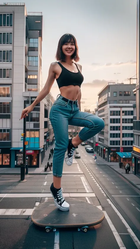 a woman standing on top of a skateboard on a city street, standing on rooftop, posing in an urban street, dancing on a pole, floating over a city sidewalk, standing in a city street, harumi, bian luan, in a jumping float pose, standing in street, standing ...