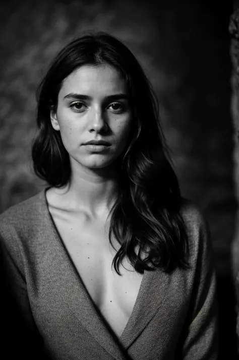 photograph of a woman, (troubled facial expression), textured skin, goosebumps, slightly wavy brown hair, wearing a discreet and minimalist elegant outfit, cowboy shot, dark and mysterious cave with unique rock formations and hidden wonders, perfect eyes, ...