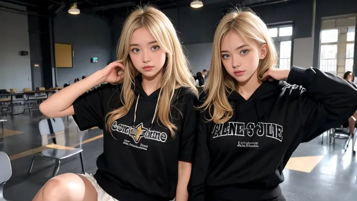 deux femmes blonde ensemble de 18 ans sexy et mince , black short sleeve hoodie , salle de classe, se touche,position sey,sensuel